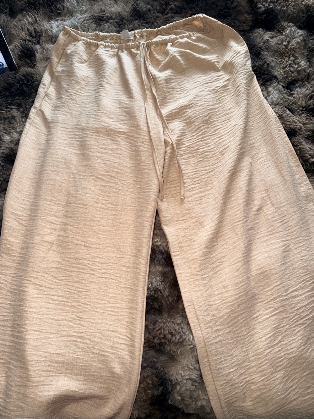 Cream Drawstring Wide-Leg Lien Pants